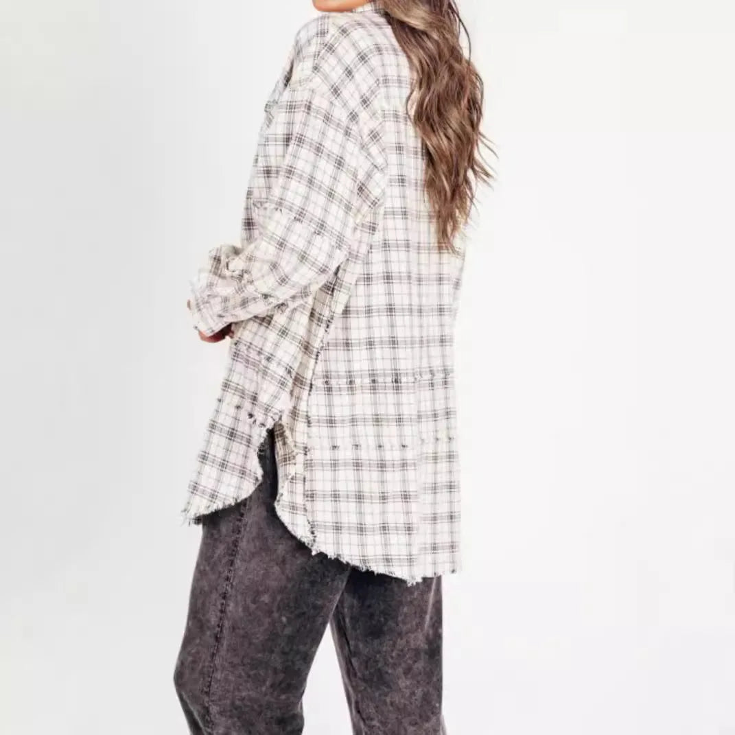 Women's Seams Raw Edge Washed Oversized Shirt Jacket with Pockets