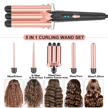 5-in-1 Hair Waver Curling Iron — 3-Barrel Hair Crimper Set with Fast Heating, Interchangeable Styling Wands