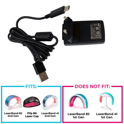 USB cable and adapter with compatibility chart for different laser products on a white background