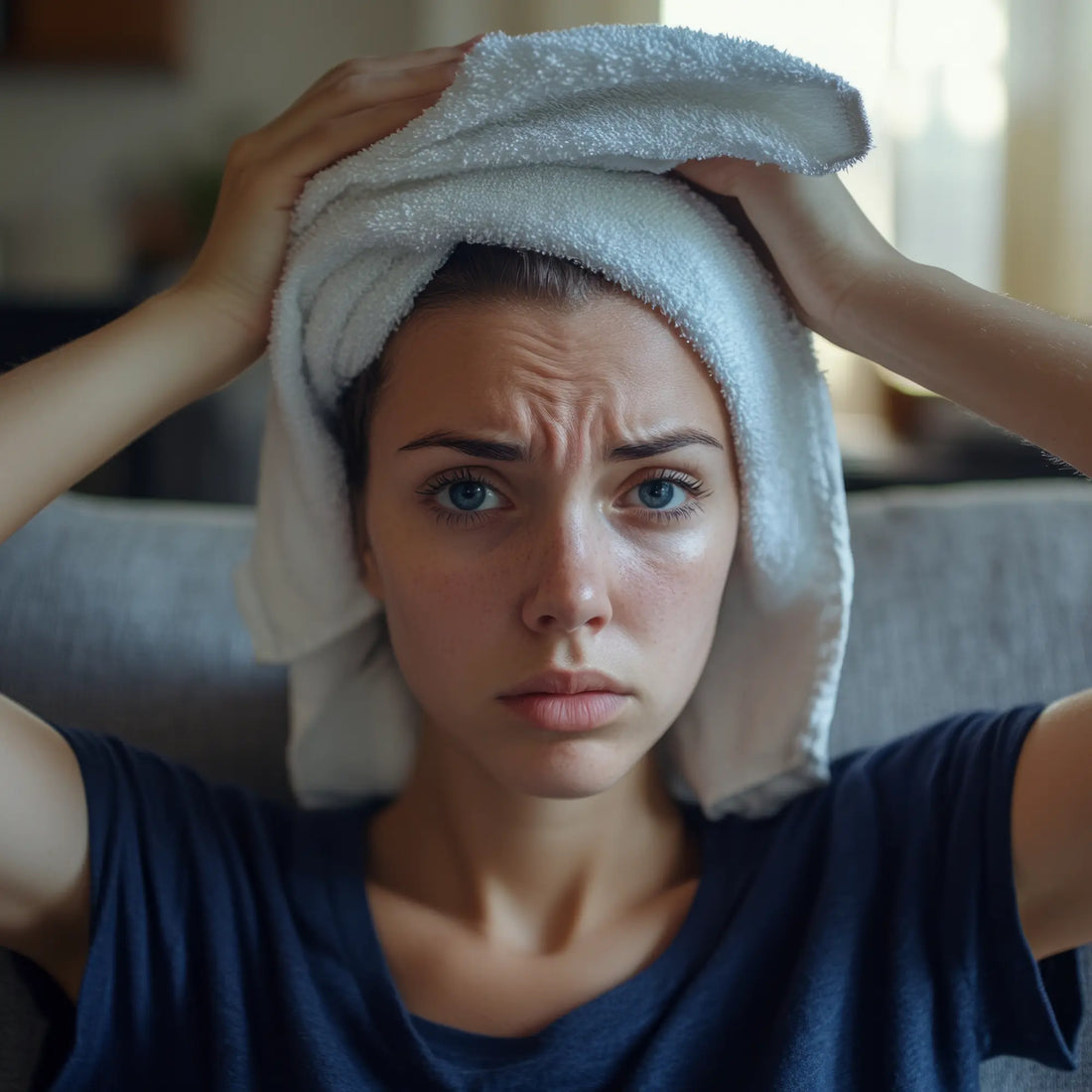 Woman wearing a towel over her head looking concerned