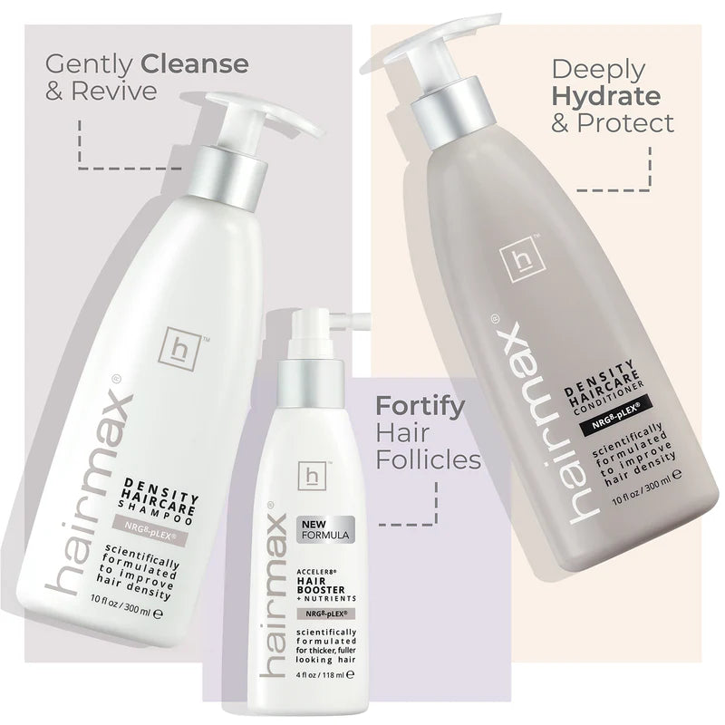 Hairmax hair care product set with shampoo, conditioner, and hair booster on a white background