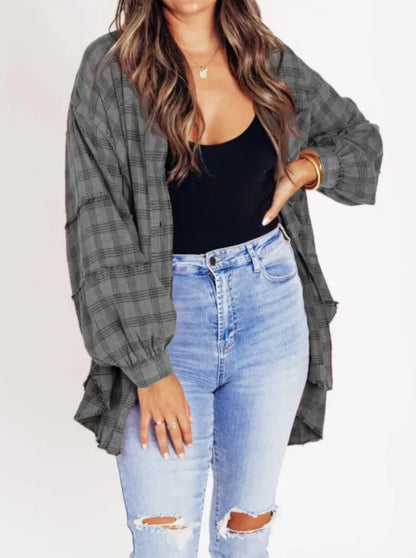 Women's Seams Raw Edge Washed Oversized Shirt Jacket with Pockets