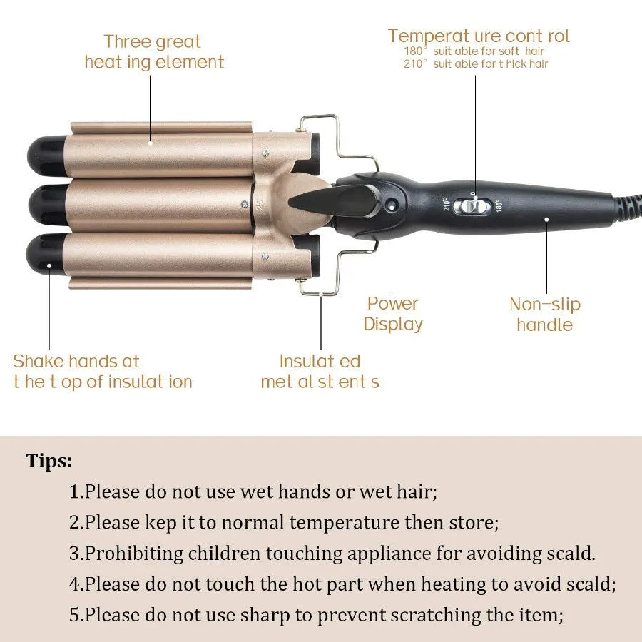 1-Inch 3-Barrel Curling Iron — Ceramic Tourmaline Hair Waver with LCD Display, Foldable Beach Wave Crimper