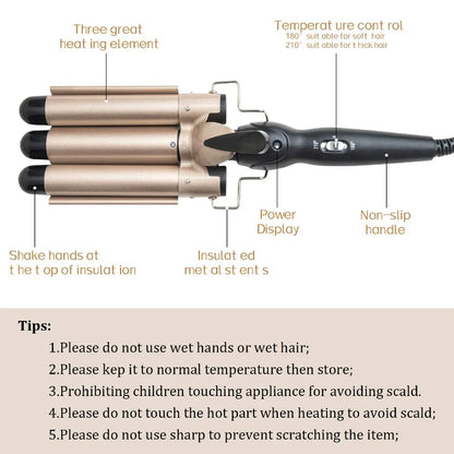 1-Inch 3-Barrel Curling Iron — Ceramic Tourmaline Hair Waver with LCD Display, Foldable Beach Wave Crimper