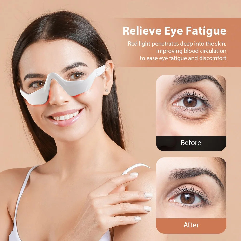 A woman wearing a white eye relief device over her eyes, with promotional text reading 'Relieve Eye Fatigue' and before/after eye close-ups on a peach-toned background.