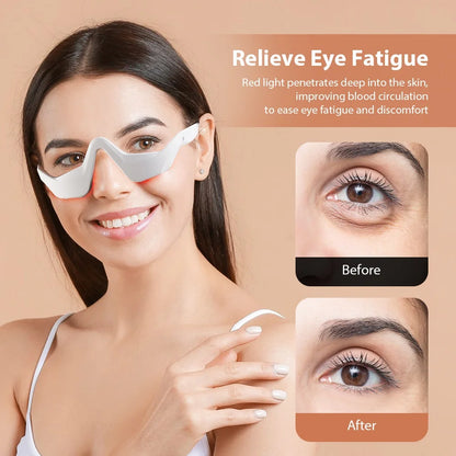 A woman wearing a white eye relief device over her eyes, with promotional text reading 'Relieve Eye Fatigue' and before/after eye close-ups on a peach-toned background.