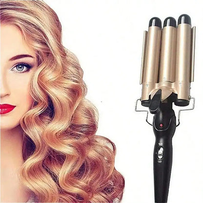 1-Inch 3-Barrel Curling Iron — Ceramic Tourmaline Hair Waver with LCD Display, Foldable Beach Wave Crimper