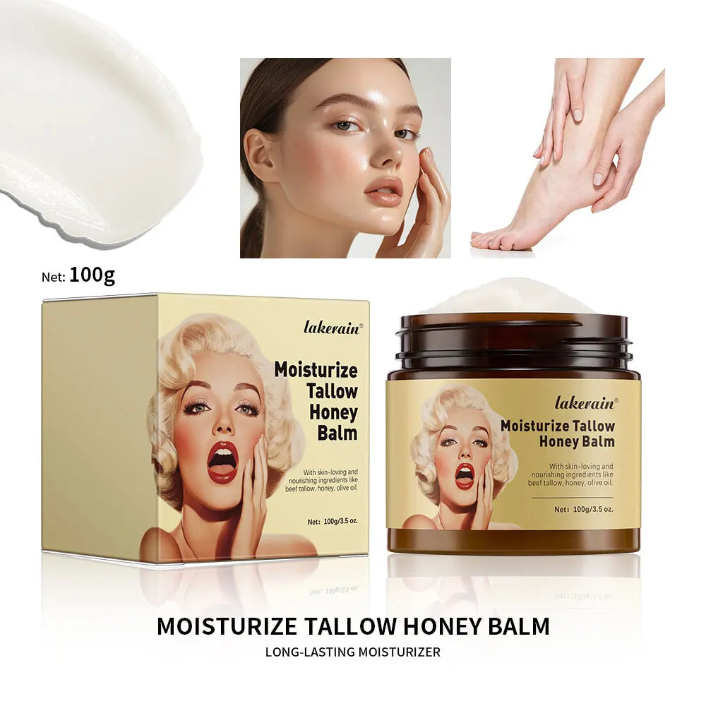 The image shows a jar of MOISTURIZE TALLOW HONEY BALM, with a honey dipper and a box featuring a woman smiling. The background includes a depiction of the product being applied to skin.