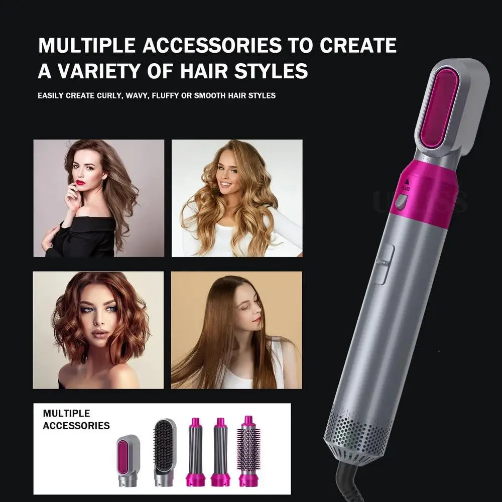 SalonPro 5-in-1 hot air styler attachments creating curly, wavy, fluffy and smooth hairstyles