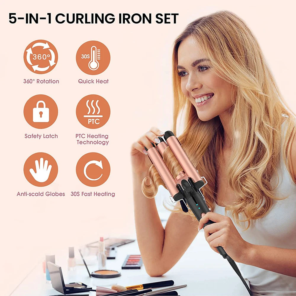 5-in-1 Hair Waver Curling Iron — 3-Barrel Hair Crimper Set with Fast Heating, Interchangeable Styling Wands