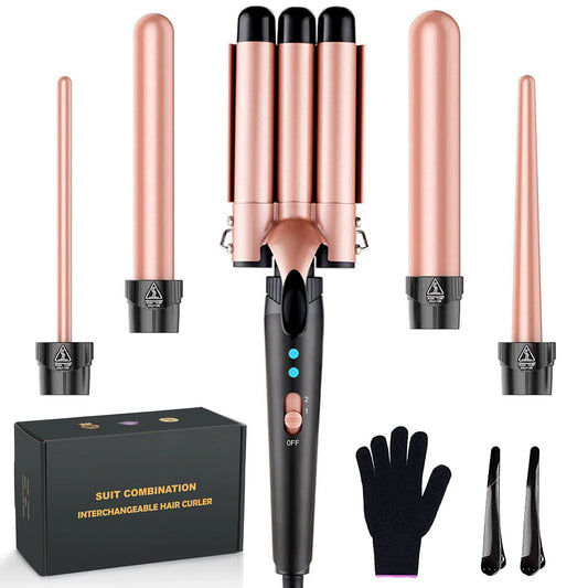 5-in-1 Hair Waver Curling Iron — 3-Barrel Hair Crimper Set with Fast Heating, Interchangeable Styling Wands