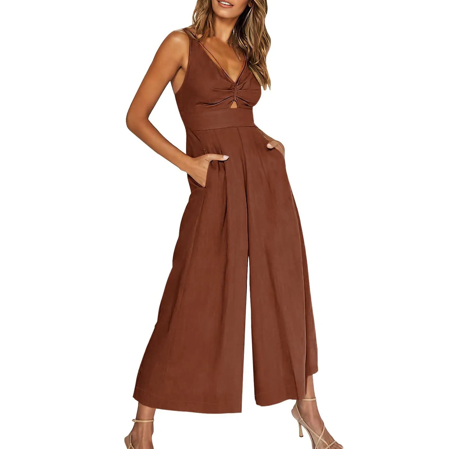 V Neck Cutout High-Waist Rompers