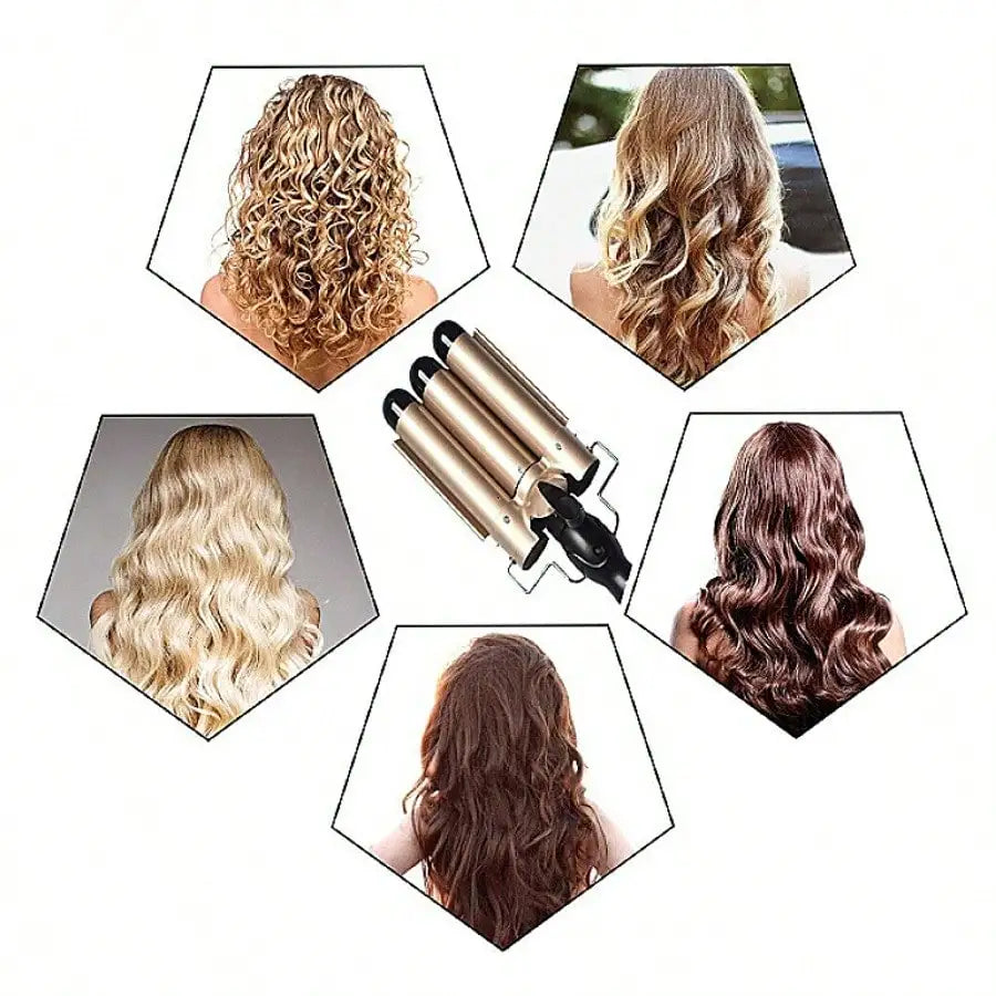 1-Inch 3-Barrel Curling Iron — Ceramic Tourmaline Hair Waver with LCD Display, Foldable Beach Wave Crimper