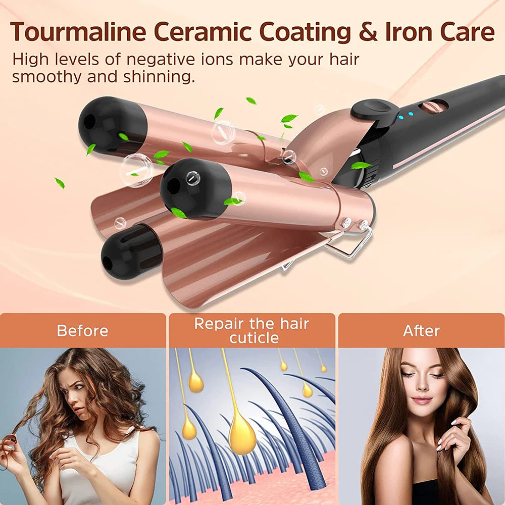 5-in-1 Hair Waver Curling Iron — 3-Barrel Hair Crimper Set with Fast Heating, Interchangeable Styling Wands
