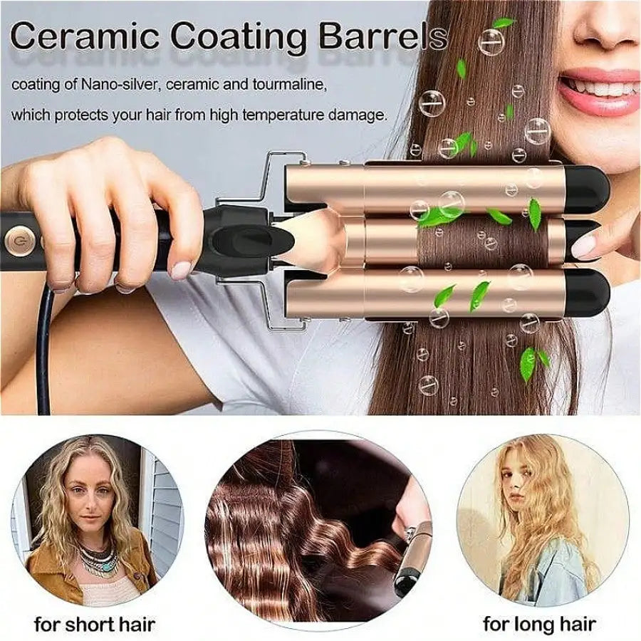1-Inch 3-Barrel Curling Iron — Ceramic Tourmaline Hair Waver with LCD Display, Foldable Beach Wave Crimper