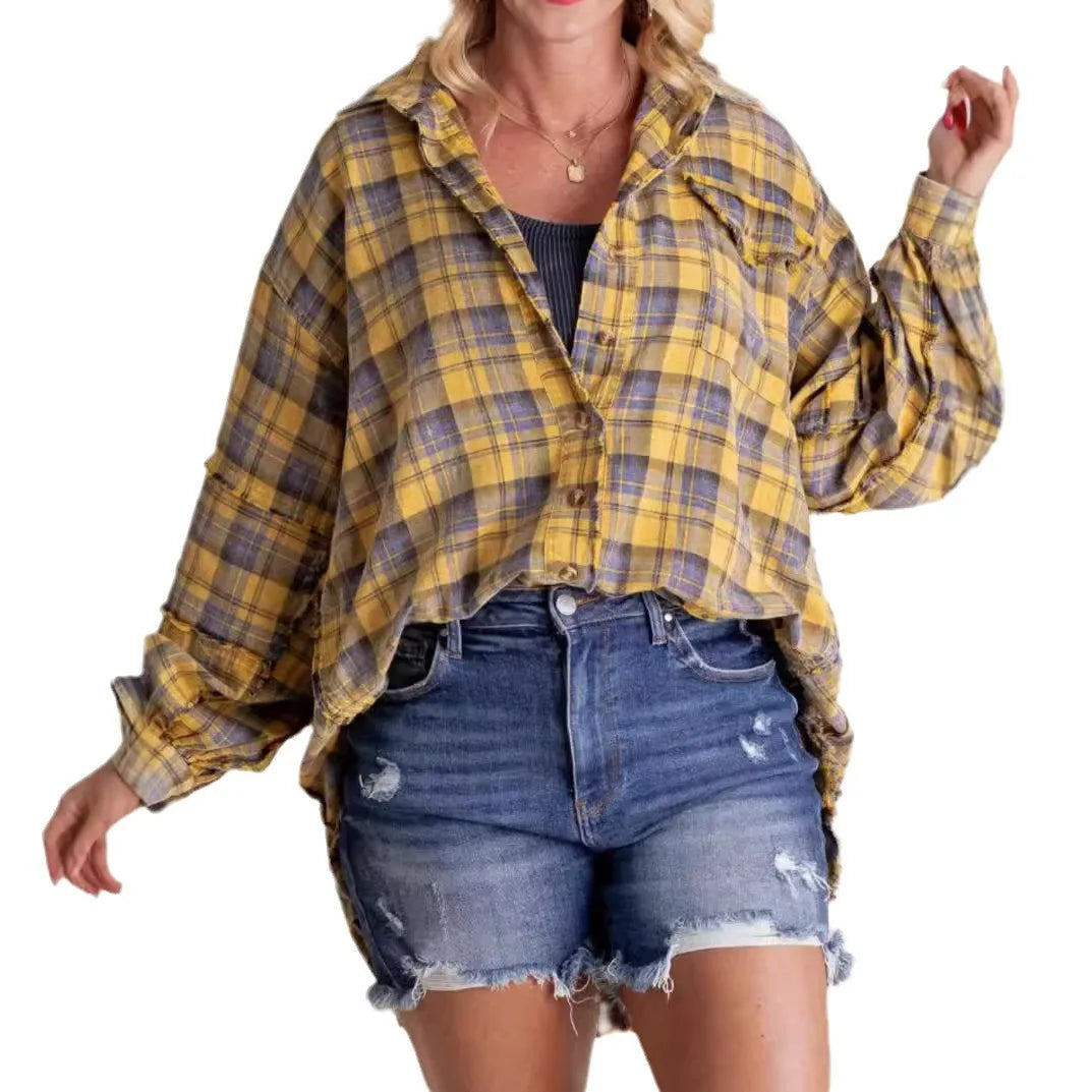 Women's Seams Raw Edge Washed Oversized Shirt Jacket with Pockets