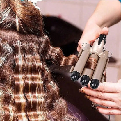 1-Inch 3-Barrel Curling Iron — Ceramic Tourmaline Hair Waver with LCD Display, Foldable Beach Wave Crimper