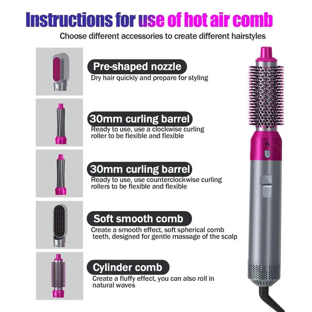 SalonPro hot air comb attachment guide with pre-shaped nozzle, 30mm curling barrels, soft smooth comb and cylinder comb