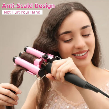 Electric Curling Iron — LCD Hair Styling Egg Roll Bar, Three-Barrel Water Ripple Waver