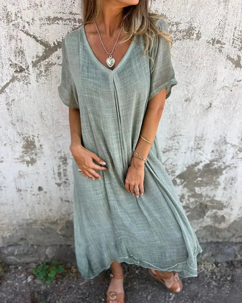 Cotton and Linen V-neck Midi Dress