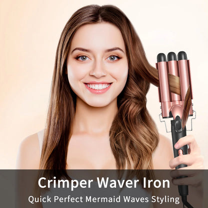 5-in-1 Hair Waver Curling Iron — 3-Barrel Hair Crimper Set with Fast Heating, Interchangeable Styling Wands