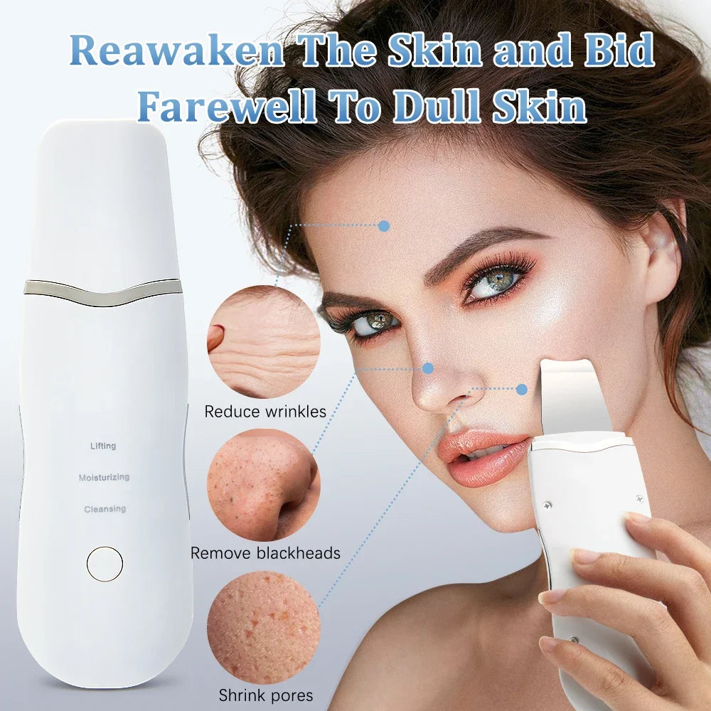 Ultrasonic skin scrubber flat metal tip gliding across damp skin