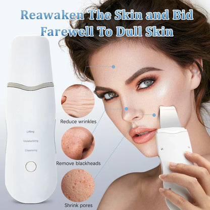 Ultrasonic skin scrubber flat metal tip gliding across damp skin