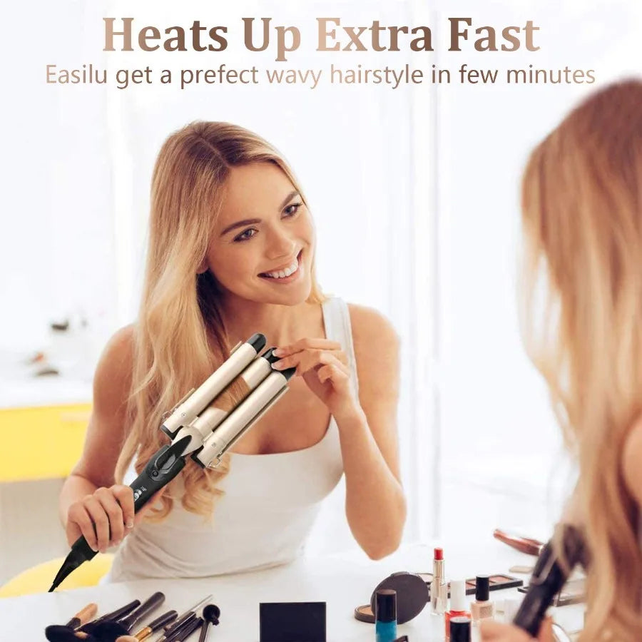 1-Inch 3-Barrel Curling Iron — Ceramic Tourmaline Hair Waver with LCD Display, Foldable Beach Wave Crimper