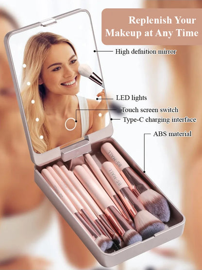 Travel Makeup Brush Set with LED light