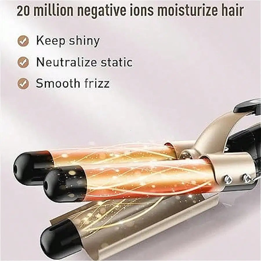 1-Inch 3-Barrel Curling Iron — Ceramic Tourmaline Hair Waver with LCD Display, Foldable Beach Wave Crimper