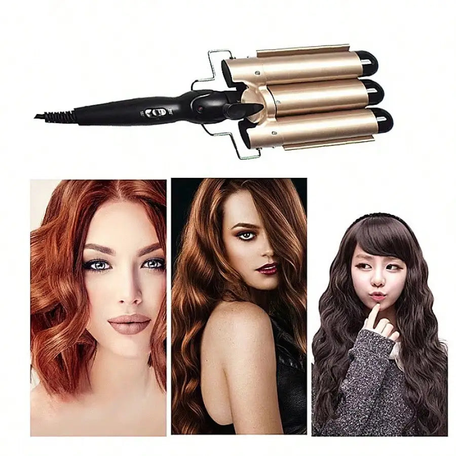 1-Inch 3-Barrel Curling Iron — Ceramic Tourmaline Hair Waver with LCD Display, Foldable Beach Wave Crimper