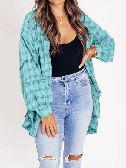 Women's Seams Raw Edge Washed Oversized Shirt Jacket with Pockets