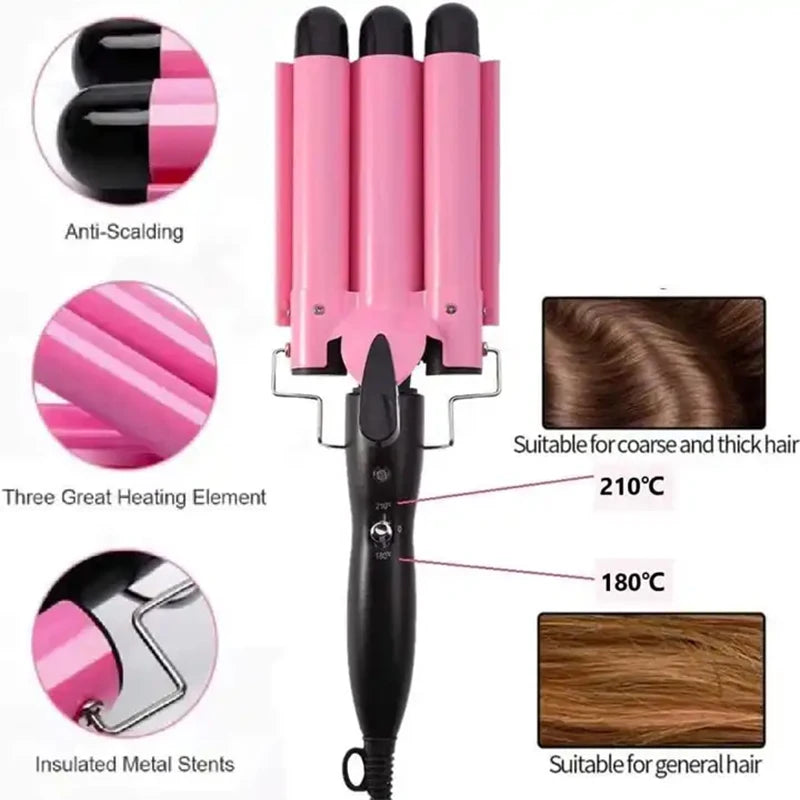 Electric Curling Iron — LCD Hair Styling Egg Roll Bar, Three-Barrel Water Ripple Waver