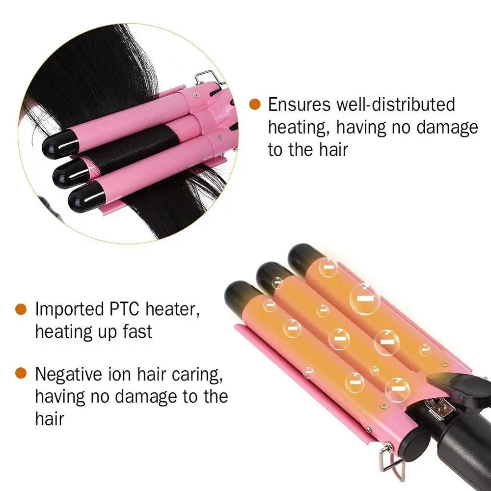 Electric Curling Iron — LCD Hair Styling Egg Roll Bar, Three-Barrel Water Ripple Waver