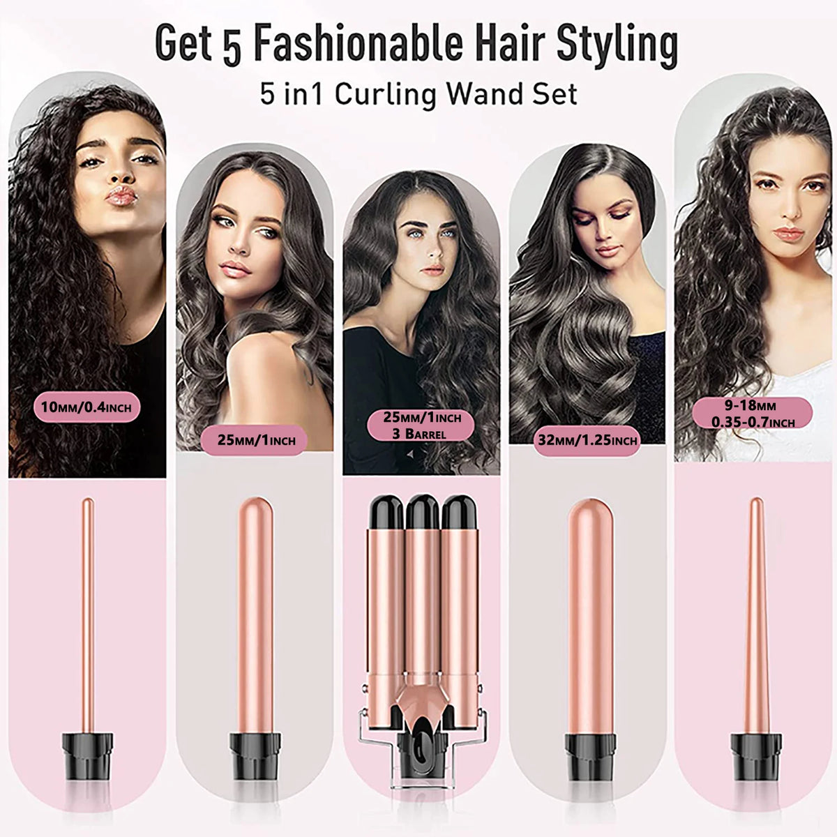 5-in-1 Hair Waver Curling Iron — 3-Barrel Hair Crimper Set with Fast Heating, Interchangeable Styling Wands