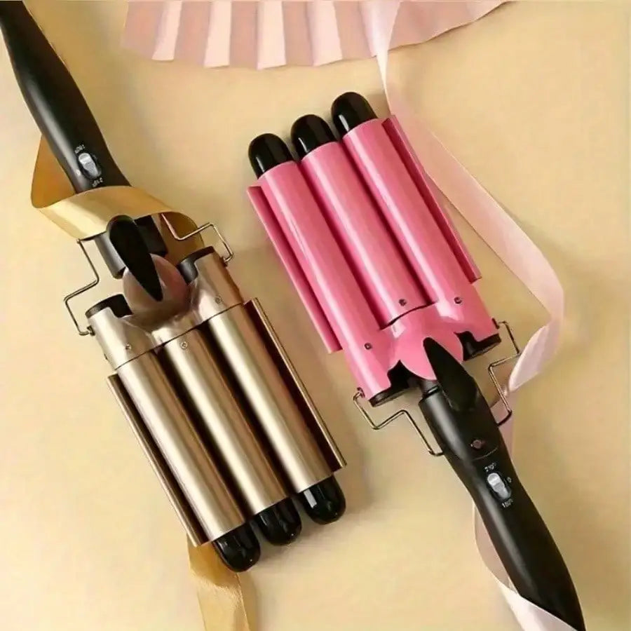 1-Inch 3-Barrel Curling Iron — Ceramic Tourmaline Hair Waver with LCD Display, Foldable Beach Wave Crimper