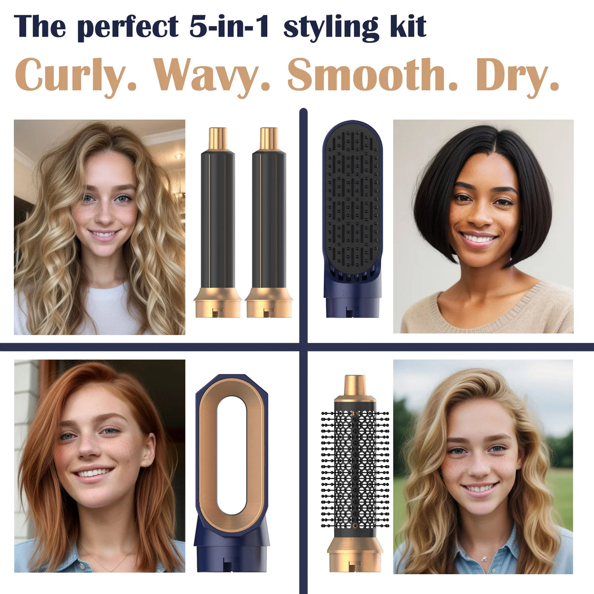 The perfect 5-in-1 styling kit for curly, wavy, smooth and dry hair on all hair types