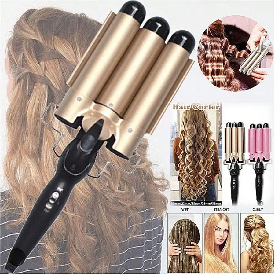 1-Inch 3-Barrel Curling Iron — Ceramic Tourmaline Hair Waver with LCD Display, Foldable Beach Wave Crimper