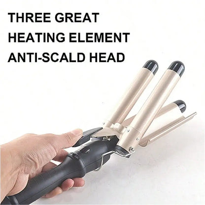 1-Inch 3-Barrel Curling Iron — Ceramic Tourmaline Hair Waver with LCD Display, Foldable Beach Wave Crimper