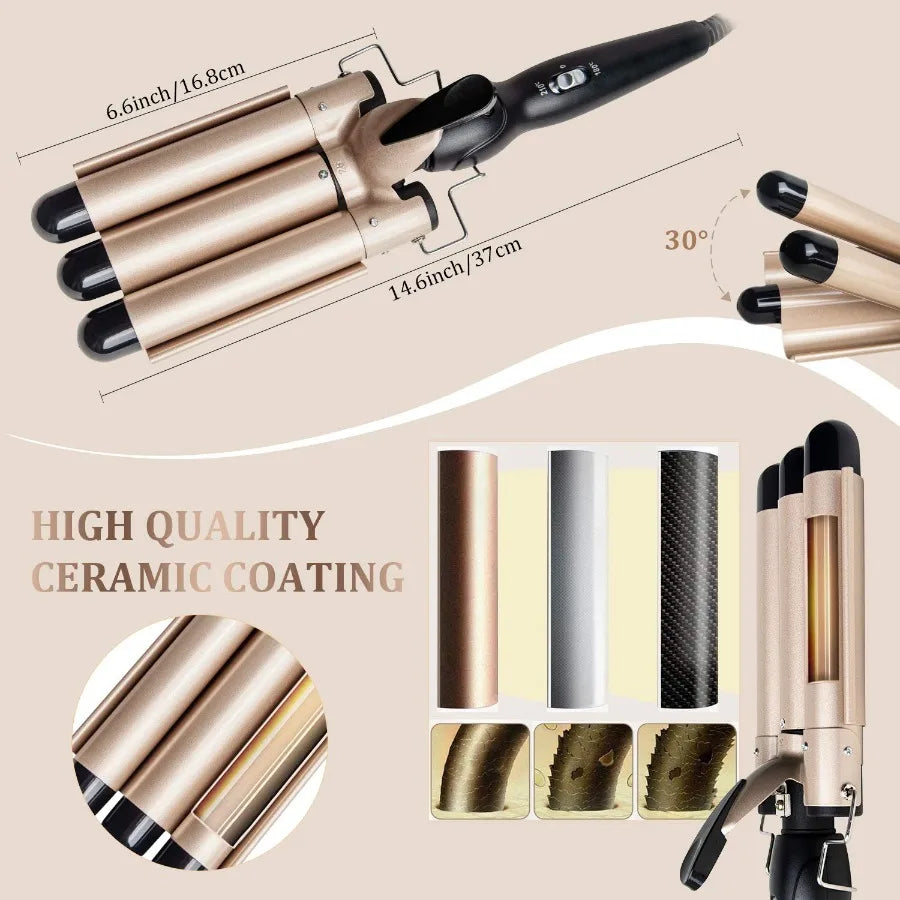 1-Inch 3-Barrel Curling Iron — Ceramic Tourmaline Hair Waver with LCD Display, Foldable Beach Wave Crimper