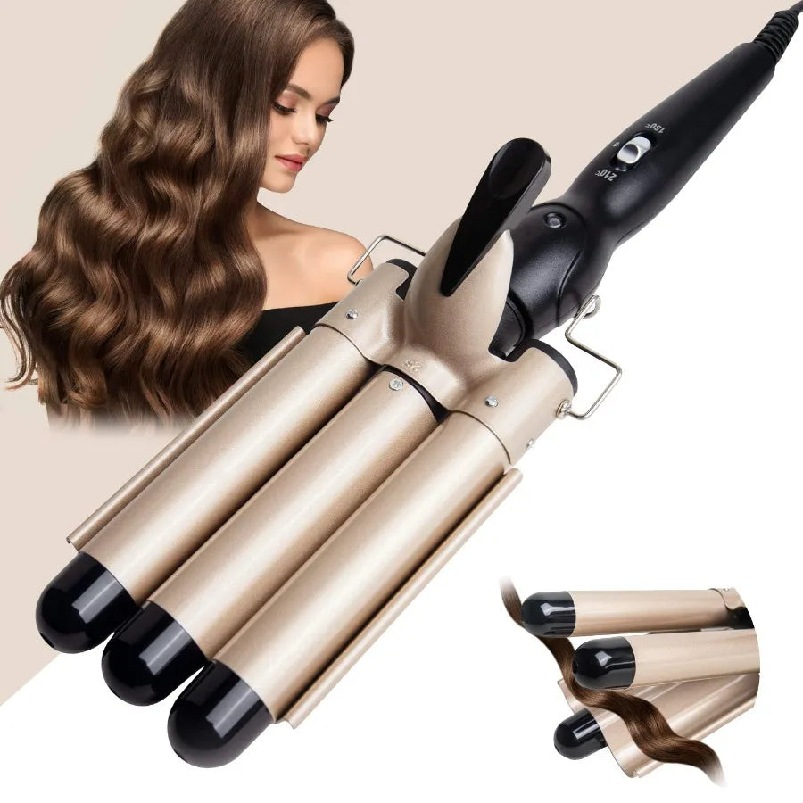 1-Inch 3-Barrel Curling Iron — Ceramic Tourmaline Hair Waver with LCD Display, Foldable Beach Wave Crimper