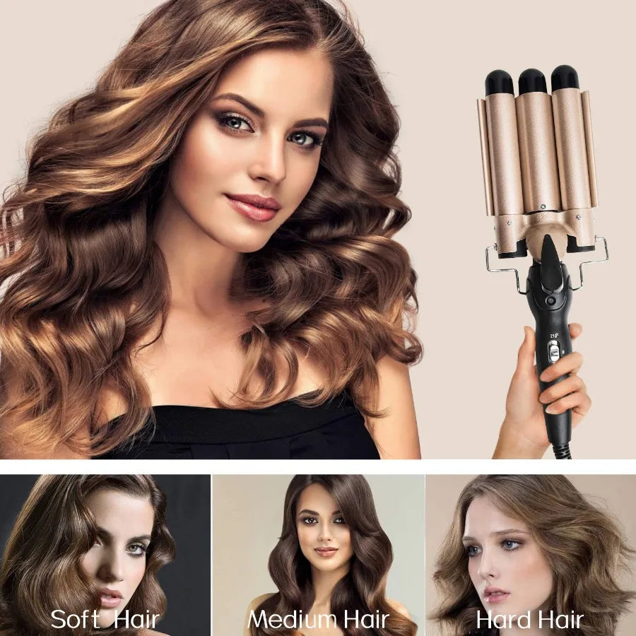 1-Inch 3-Barrel Curling Iron — Ceramic Tourmaline Hair Waver with LCD Display, Foldable Beach Wave Crimper